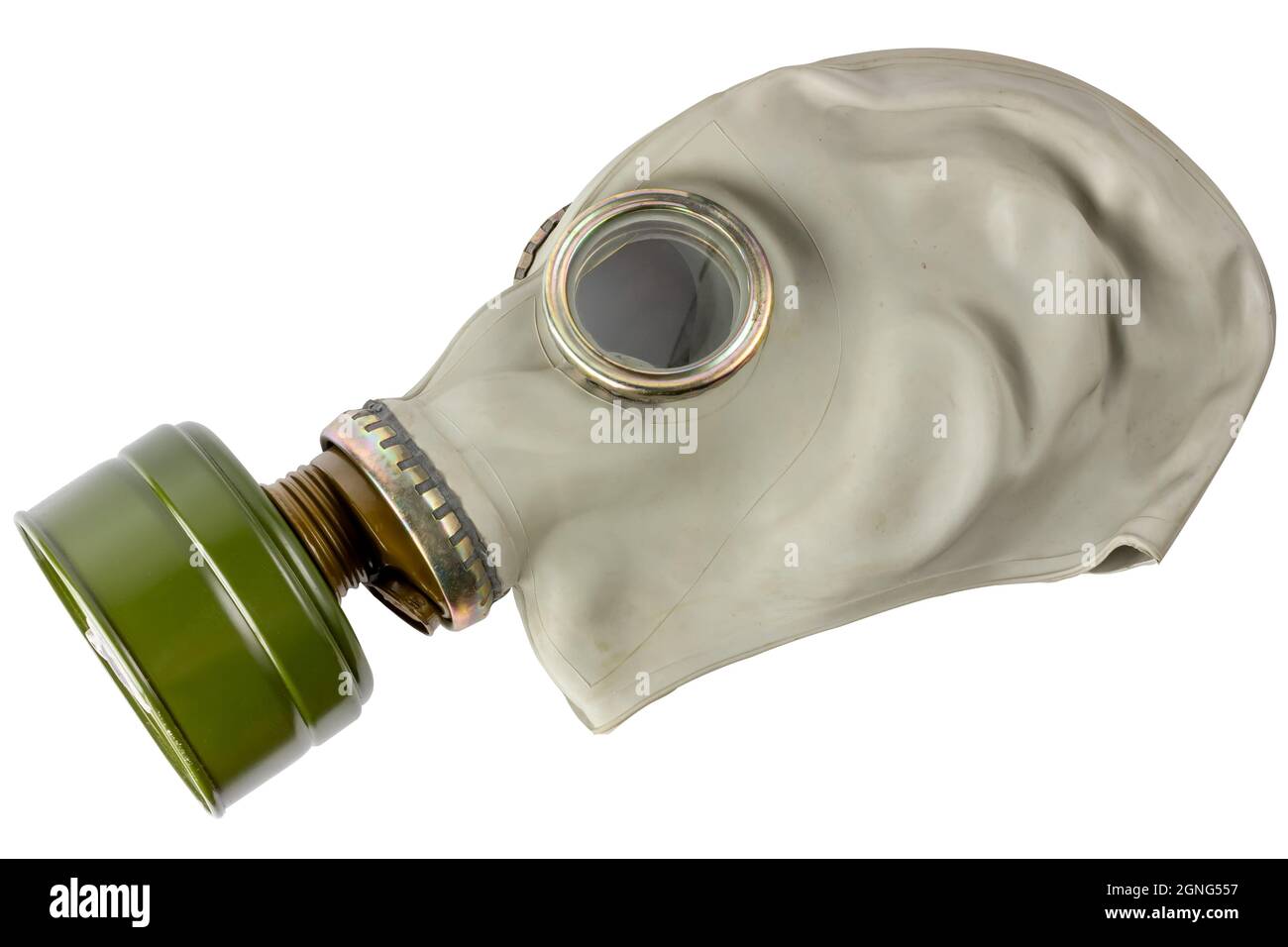 Gummigasmaske auf weißem Hintergrund. Gasmaske mit Filter. Isolieren auf weißem Hintergrund. Stockfoto