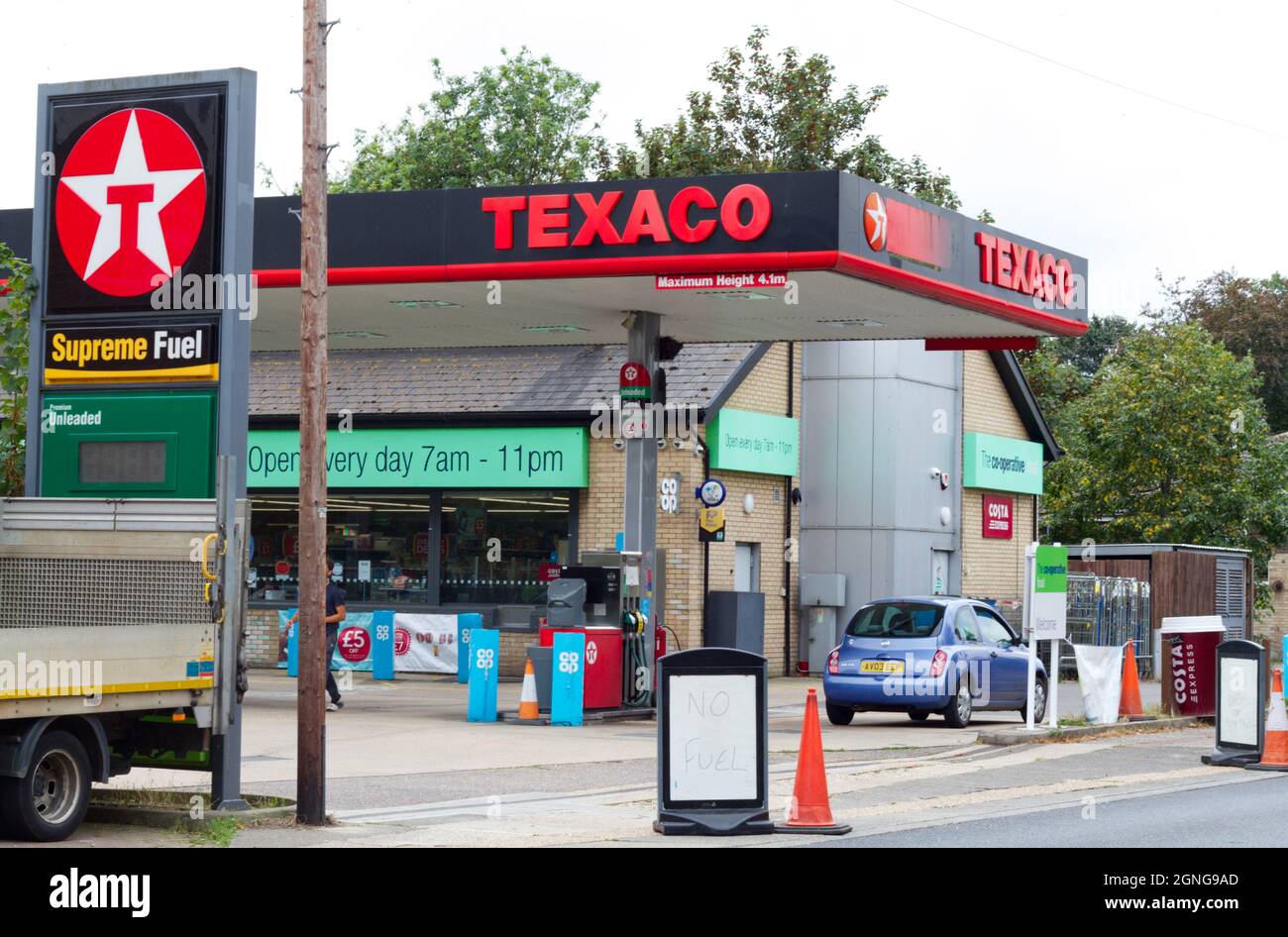 Texaco-Tankstellen in Colchester, Essex, sind am 25. September 2021 aufgrund der hohen Nachfrage nach Kraftstoff trocken, da mögliche Lieferprobleme auftreten Stockfoto