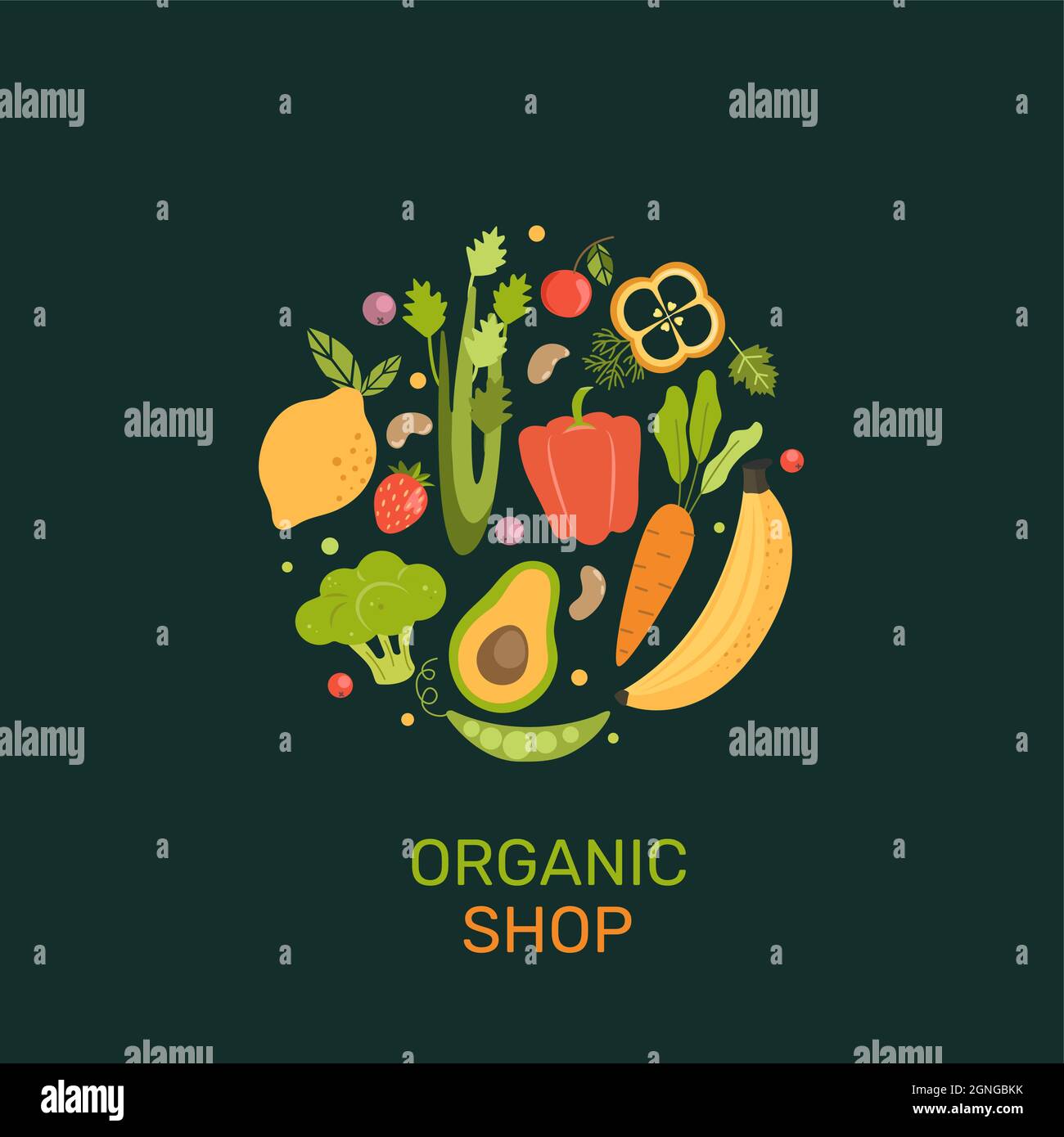 Bio-Shop-Banner mit Cartoon-Gemüse, Beeren, Obst. Stock Vektor