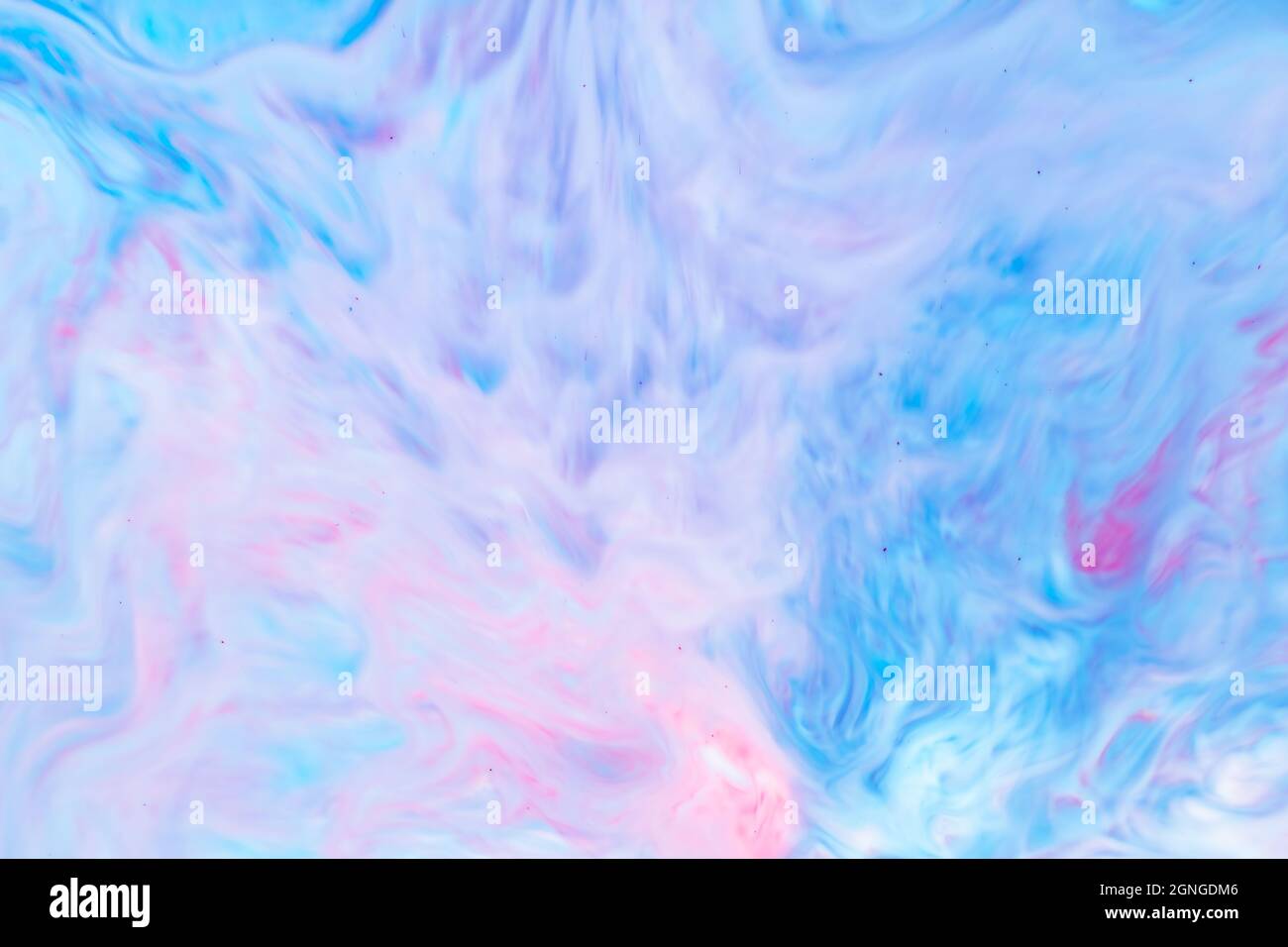 Fluid Art. Abstrakte flüssige Farbe texturierter Hintergrund mit dekorativen Spiralen und Wirbeln. Flüssiger rosa blauer Hintergrund. Trendige Tapete Stockfoto