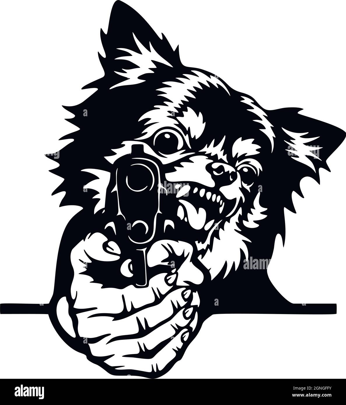 Angry Chihuahua - schlechter Hund mit Waffe - Vektor-Schablone. Kopf des Hundes mit Waffe isoliert auf weiß Stock Vektor