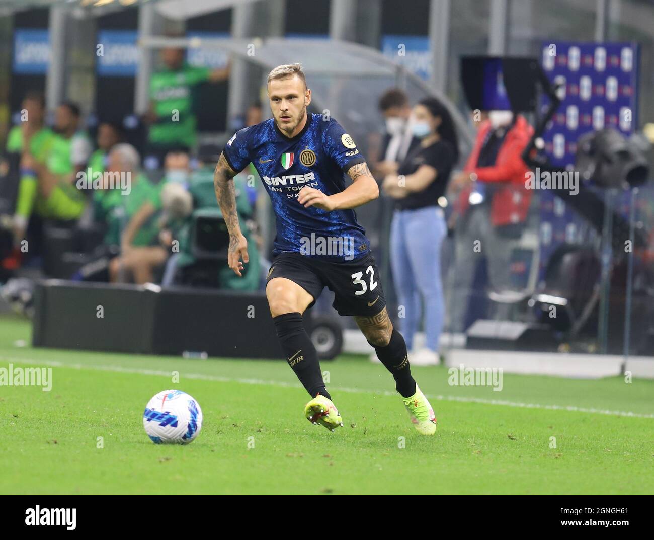 MAILAND ITALIEN- 26. September Giuseppe Meazza Federico Di Marco in Aktion während der Serie Ein Spiel zwischen FC Inter und Atalanta BC im Stadio Giuseppe Meazza am 26. September 2021 in Mailand, Italien. Stockfoto