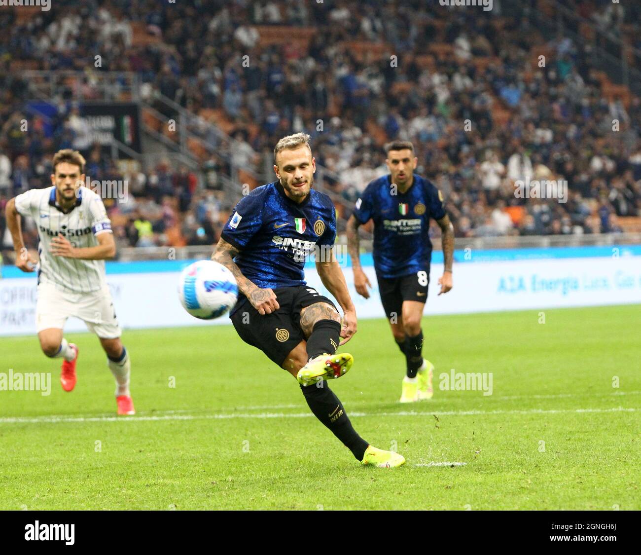 MAILAND ITALIEN- 26. September Giuseppe Meazza Federico Di Marco verpasste die Strafe während des Serie-A-Spiels zwischen FC Inter und Atalanta BC im Stadio Giuseppe Meazza am 26. September 2021 in Mailand, Italien. Stockfoto