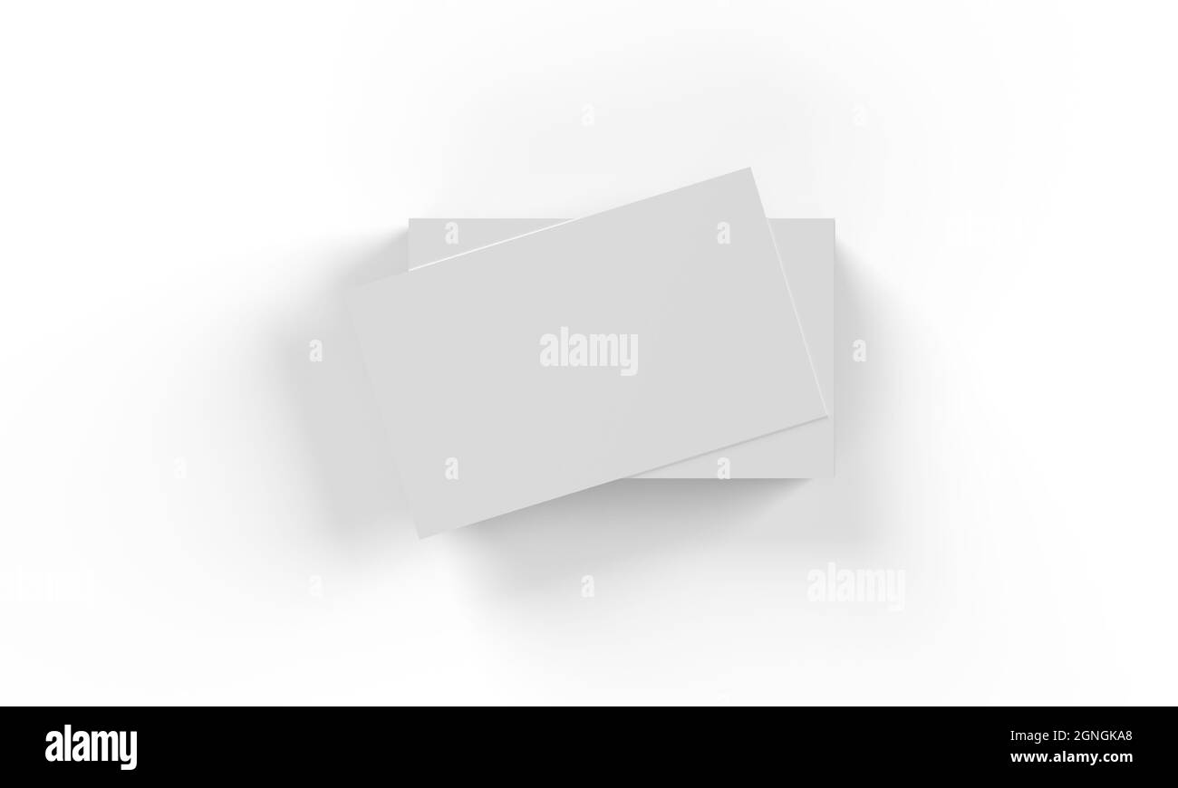 Stapel von 3d-gerenderten Visitenkarten, isoliert auf einer weißen Oberfläche mit sanfter Beleuchtung und einem Schlagschatten. Fotorealistisch. Stockfoto