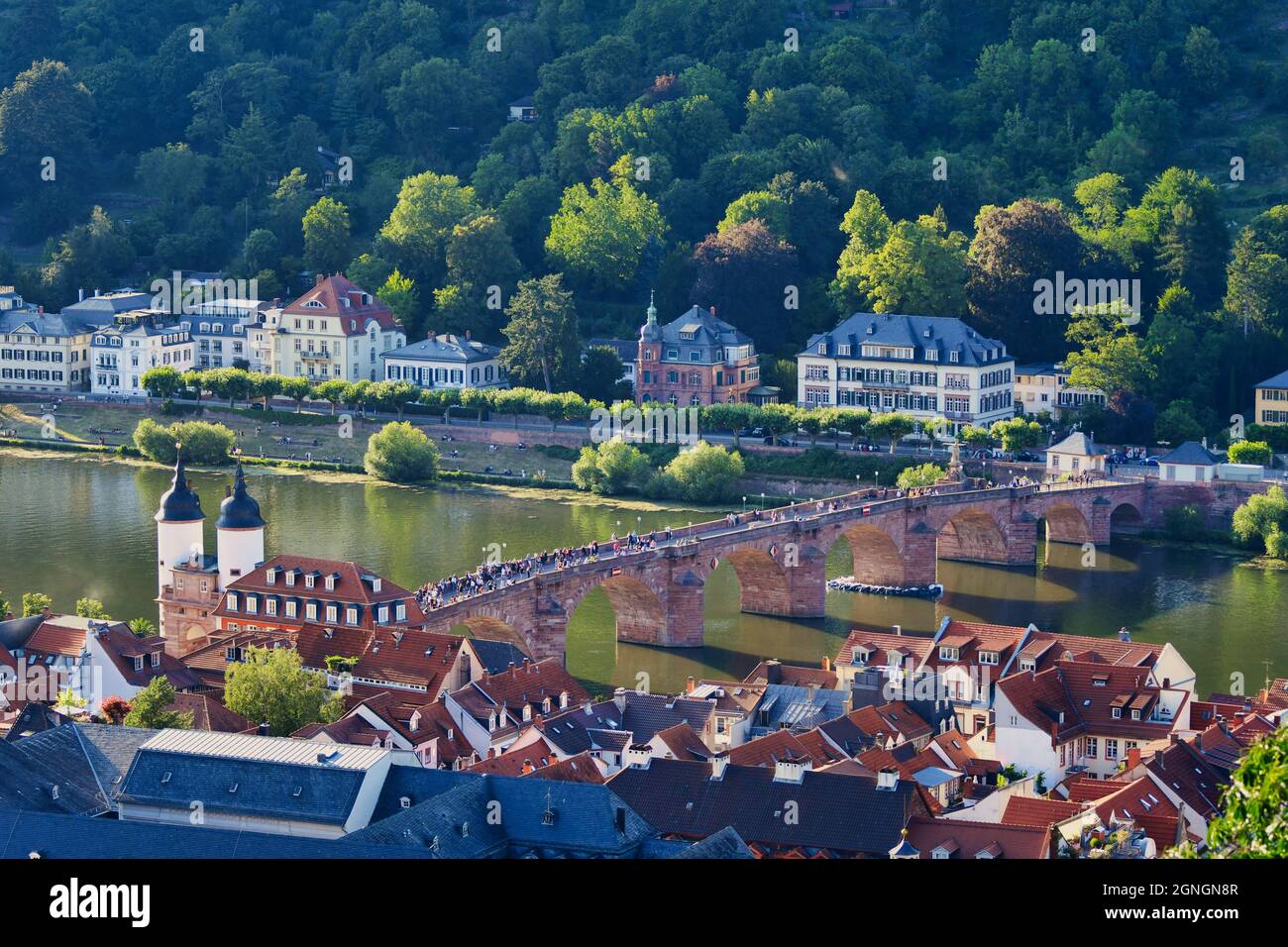 Die Altstadt von Heidelberg mit der Alten Brücke, dem Neckar und dem Brückentor. Blick vom Schloss in der Abendsonne. Deutschland. Stockfoto