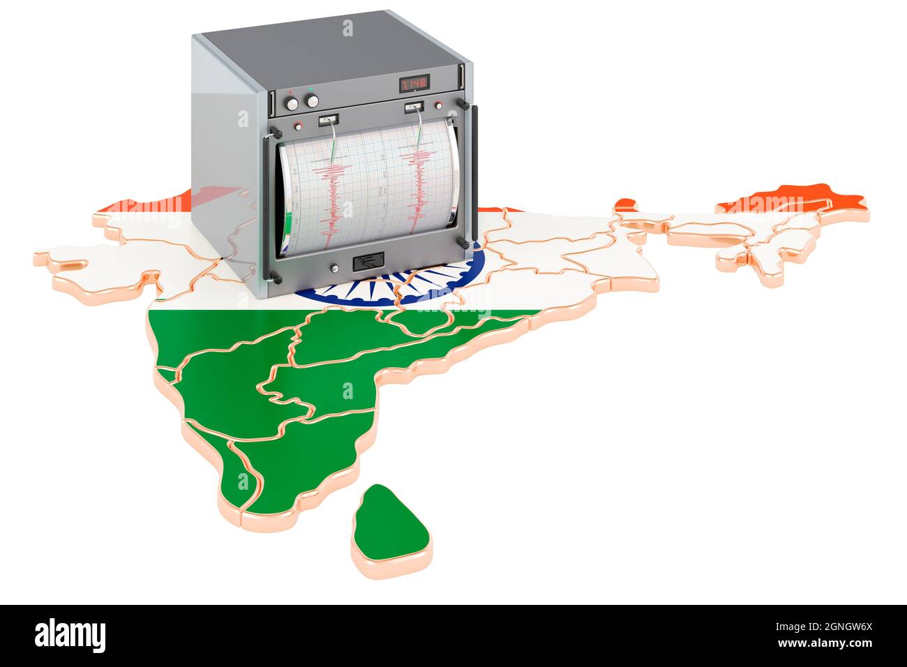 Erdbeben in Indien, Konzept. Seismograph auf der indischen Karte. 3D-Rendering auf weißem Hintergrund isoliert Stockfoto