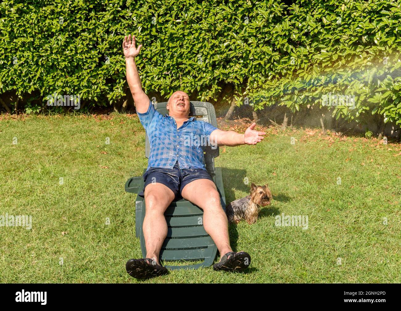 Reifer Mann mit Yorkshire Terrier Hund unter Spritzwasser an heißen Tag im Garten. Stockfoto