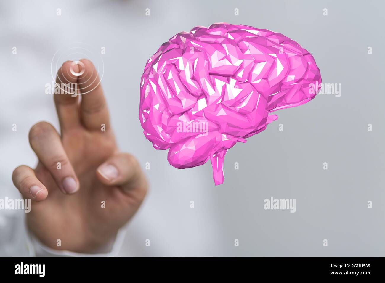 3D-Rendering eines holographischen, digitalen menschlichen Gehirns, das die Idee vermittelt Stockfoto