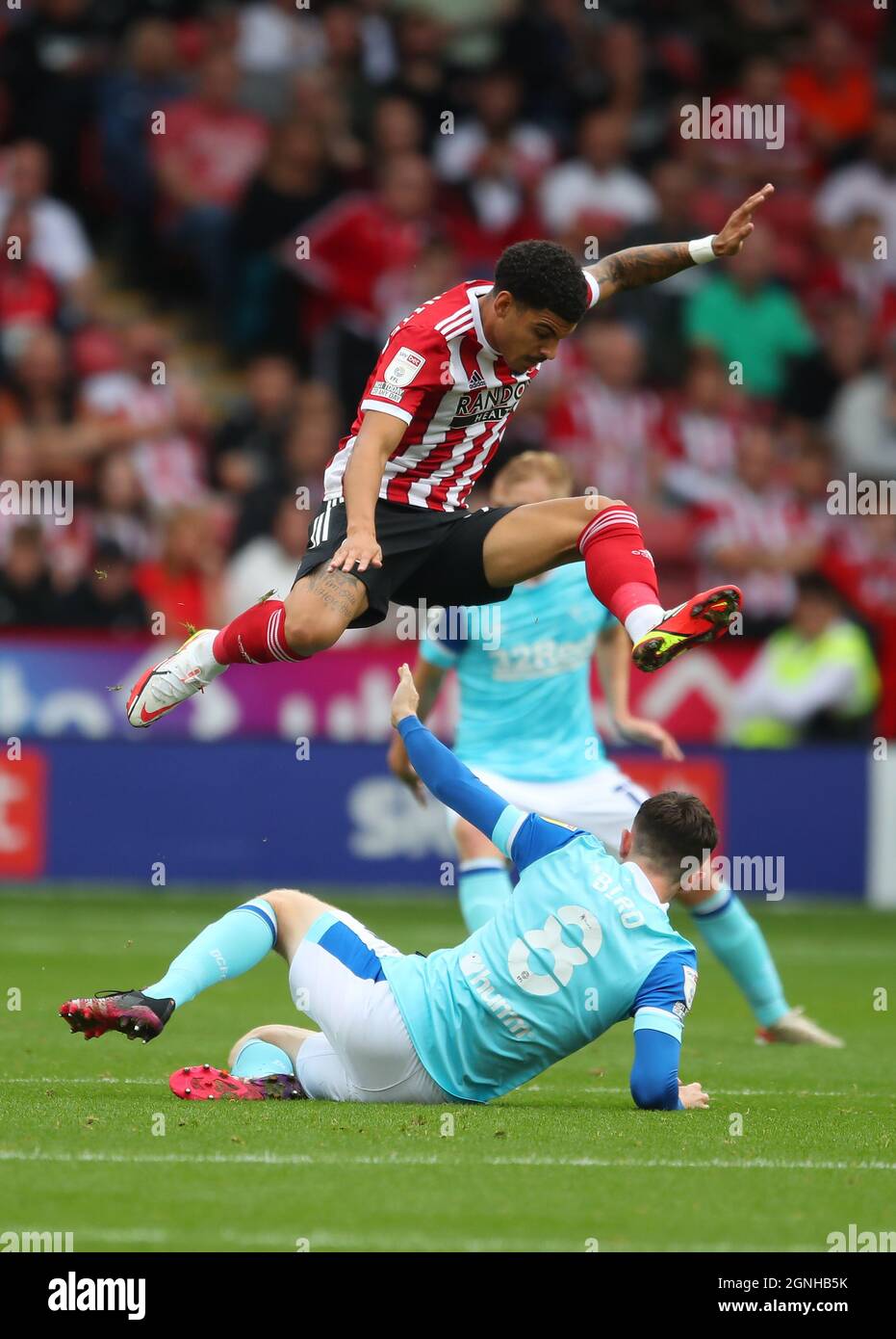 Sheffield, England, 25. September 2021. Morgan Gibbs-White von Sheffield Utd springt während des Sky Bet Championship-Spiels in der Bramall Lane, Sheffield, gegen Max Bird von Derby County. Bildnachweis sollte lauten: Simon Bellis / Sportimage Stockfoto