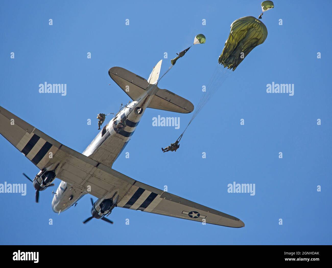 MONROE, NC (USA) - 10. November 2018: Fallschirmjäger springen von einem C-47 Flugzeuge während einer Kundgebung am Warbirds über Monroe Air Show. Stockfoto