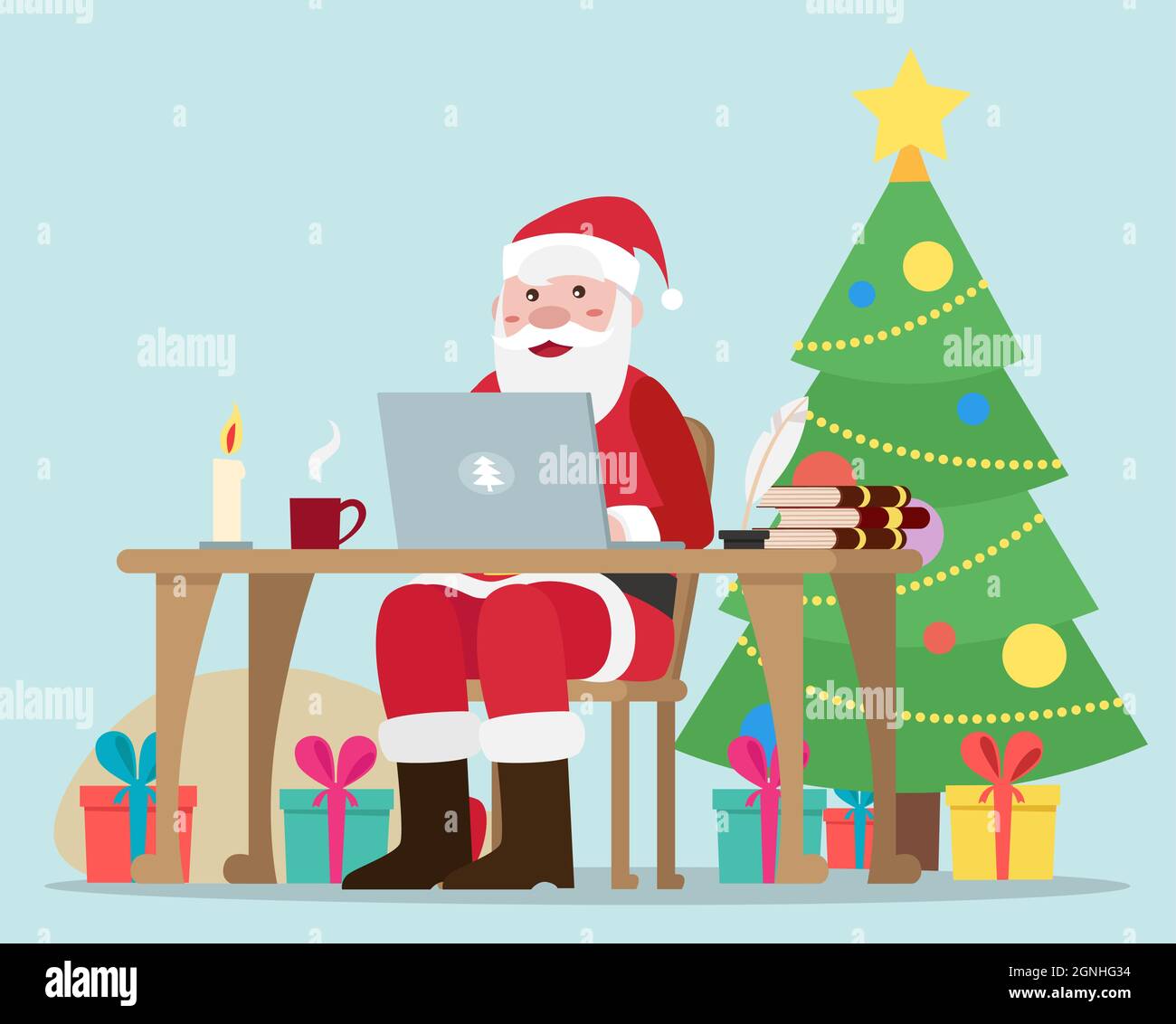 Lächelnder Weihnachtsmann sitzt in seinem Büro und arbeitet an einem Laptop - Vektor-Flat-Design-Illustration. Stock Vektor