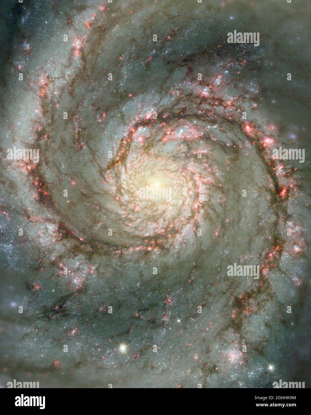 Die Whirlpool-Galaxie, M51 in Canes Venatici. Dieses Hubble-Verbundbild zeigt sichtbares Sternenlicht sowie Licht aus der Emission von glühendem Wasserstoff, der mit den leuchtendsten jungen Sternen in den Spiralarmen in Verbindung gebracht wird. Bildquelle NASA/ESA Hubble Space Telescope Stockfoto Die Whirlpool-Galaxie, M51 in Canes Venatici. Dieses Hubble-Verbundbild zeigt sichtbares Sternenlicht sowie Licht aus der Emission von glühendem Wasserstoff, der mit den leuchtendsten jungen Sternen in den Spiralarmen in Verbindung gebracht wird. Bildquelle NASA/ESA Hubble Space Telescope Stockfoto
