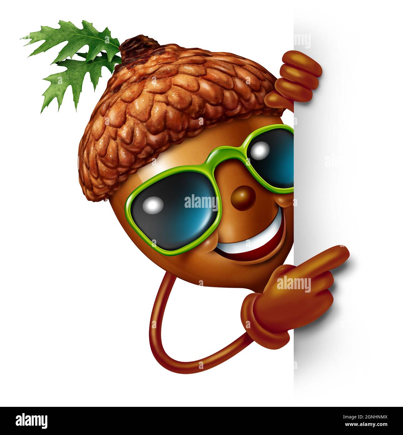 Lustiges vertikales Zeichen aus Mais auf weißem Hintergrund als Symbol für Danksagung und Herbst- oder Herbstsaison als fröhliche Ikone der Eichenbäume. Stockfoto