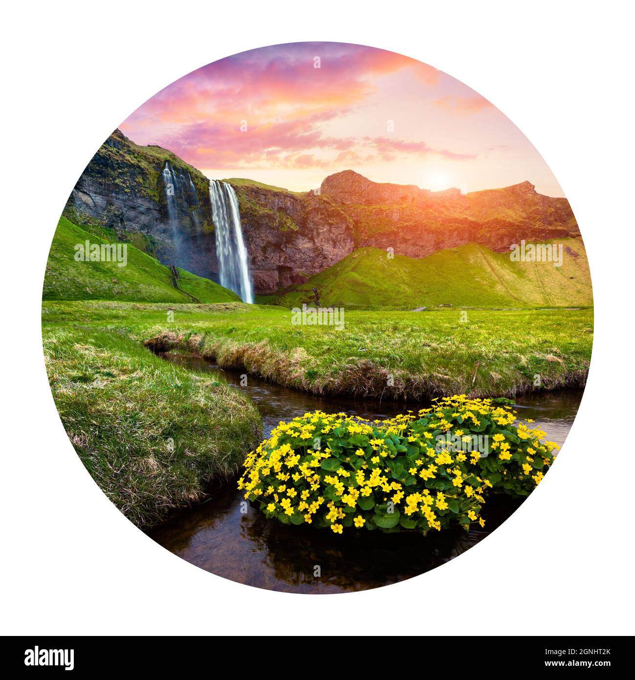Runde Ikone der Natur mit Landschaft. Herrliche Morgenansicht des Seljalandfoss Wasserfalls, Island, Europa. Fotografie im Kreis. Ikone, Avatar, rund, CI Stockfoto