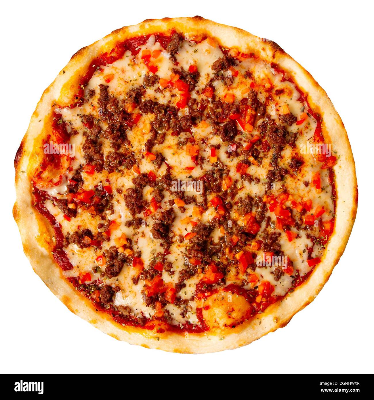 Isolierte Pizza mit Hackfleisch und Tomaten Stockfoto