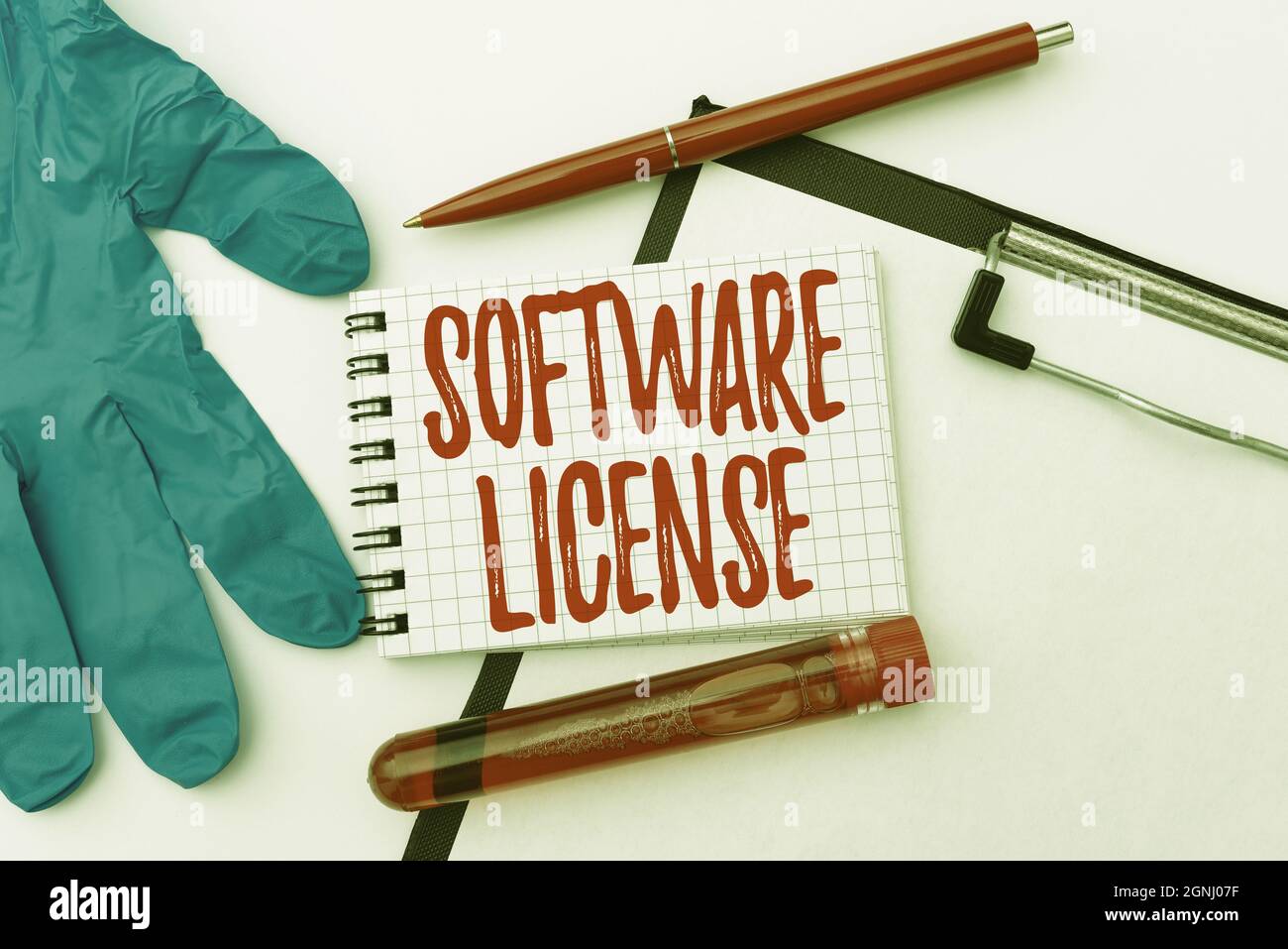 Textunterschrift mit der Softwarelizenz. Konzeptionelles fotogerichtliches Instrument zur Verteilung von Software Verbreitung von Virus Awareness Message Stockfoto