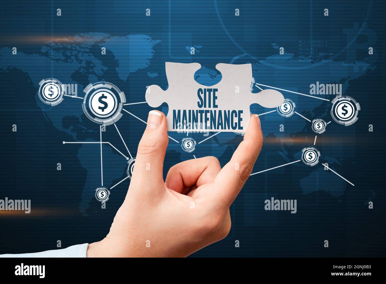 Konzeptioneller Titel „Site Maintenance“. Wort geschrieben, um die Website sicher aktualisiert laufen und fehlerfrei Hand halten Jigsaw Puzzle Stück Unlocking Stockfoto