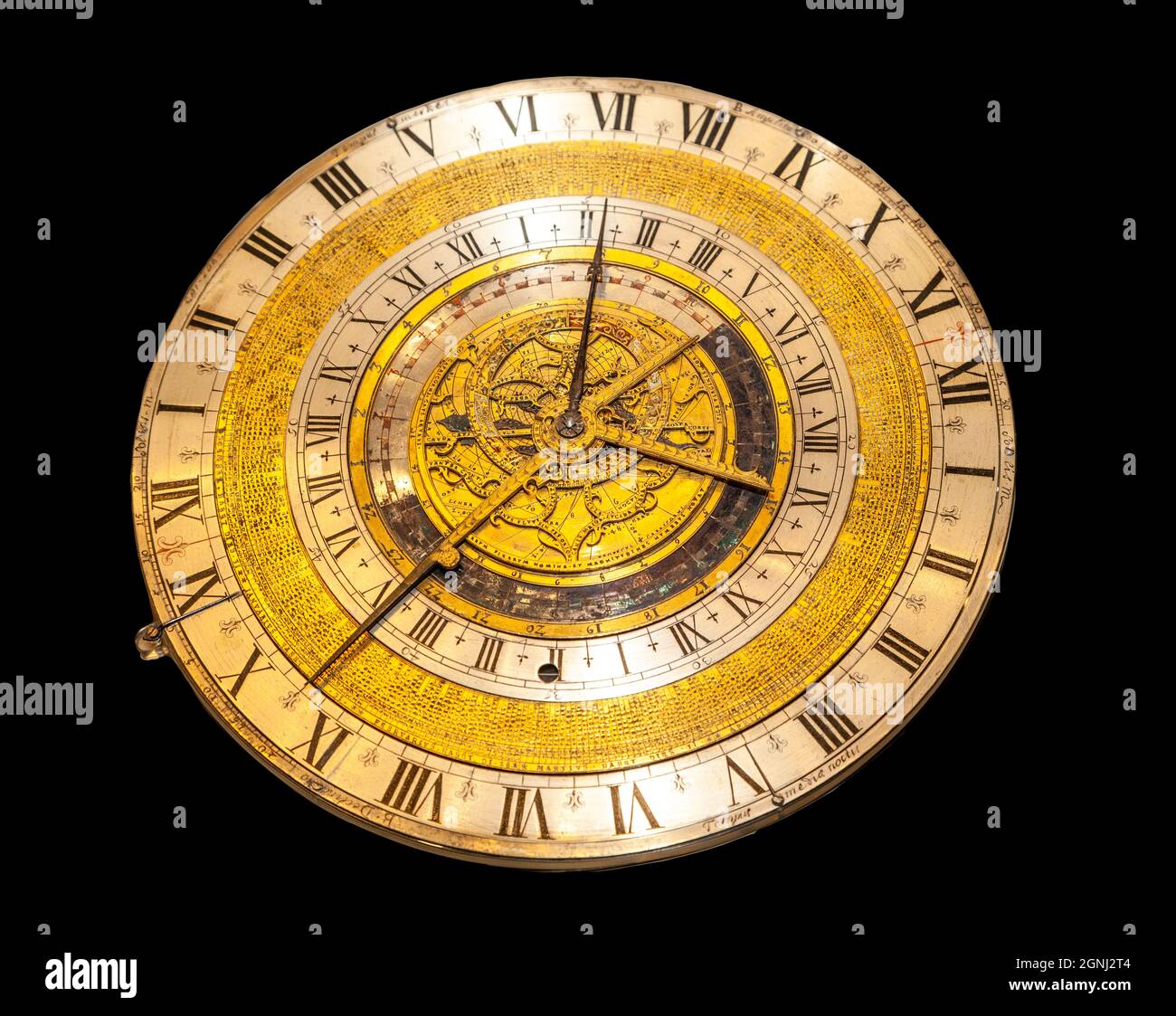 Uhr um 1620 Uhr. Zeigt die Zeit der Sonnenfinsternis und den Wochentag sowie die Länge von Tag und Nacht. Stockfoto