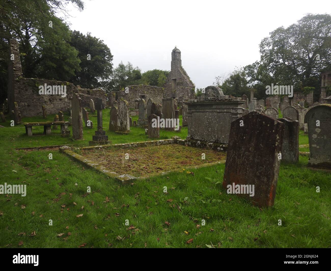 Auf dem Gelände der Monigaff (Minnigaff) Kirche oder Kirk, in der Nähe von Newton Stewart, Dumfries und Galloway. Die "neue" Kirche ist eine Kirche unter dem B-Denkmalschutz, die 1836 nach einem neugotischen Entwurf von William Burn erbaut wurde. Auf dem gleichen Gelände befinden sich die Ruinen der alten Kirche (hier abgebildet) mit den dazugehörigen Begräbnissen, die mit alten Grabsteinen markiert sind. Es wurde an der Stelle eines älteren motte- und bailey-Schlosses errichtet Stockfoto