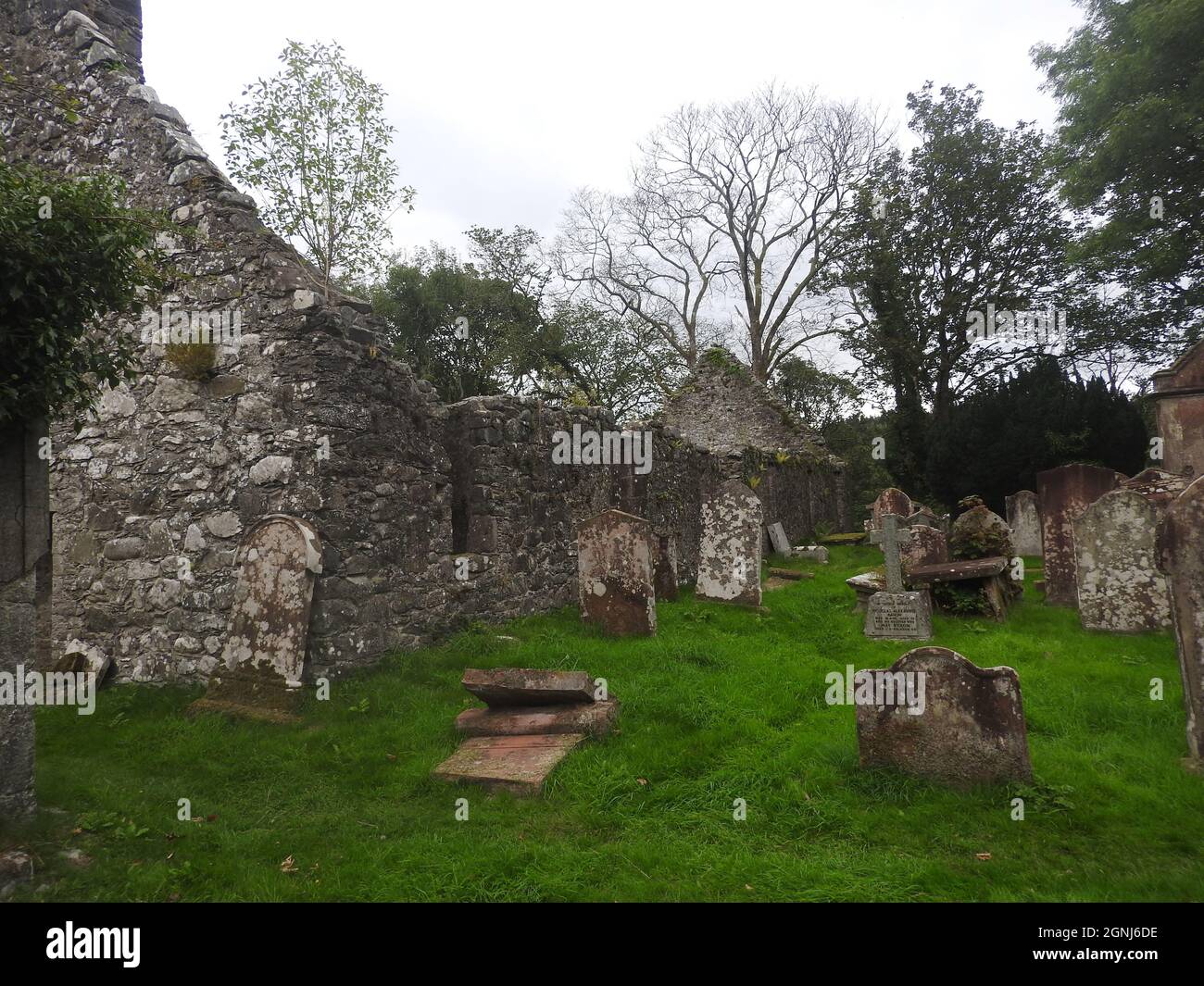Auf dem Gelände der Monigaff (Minnigaff) Kirche oder Kirk, in der Nähe von Newton Stewart, Dumfries und Galloway. Die "neue" Kirche ist eine Kirche unter dem B-Denkmalschutz, die 1836 nach einem neugotischen Entwurf von William Burn erbaut wurde. Auf dem gleichen Gelände befinden sich die Ruinen der alten Kirche (hier abgebildet) mit den dazugehörigen Begräbnissen, die mit alten Grabsteinen markiert sind. Es wurde an der Stelle eines älteren motte- und bailey-Schlosses errichtet Stockfoto