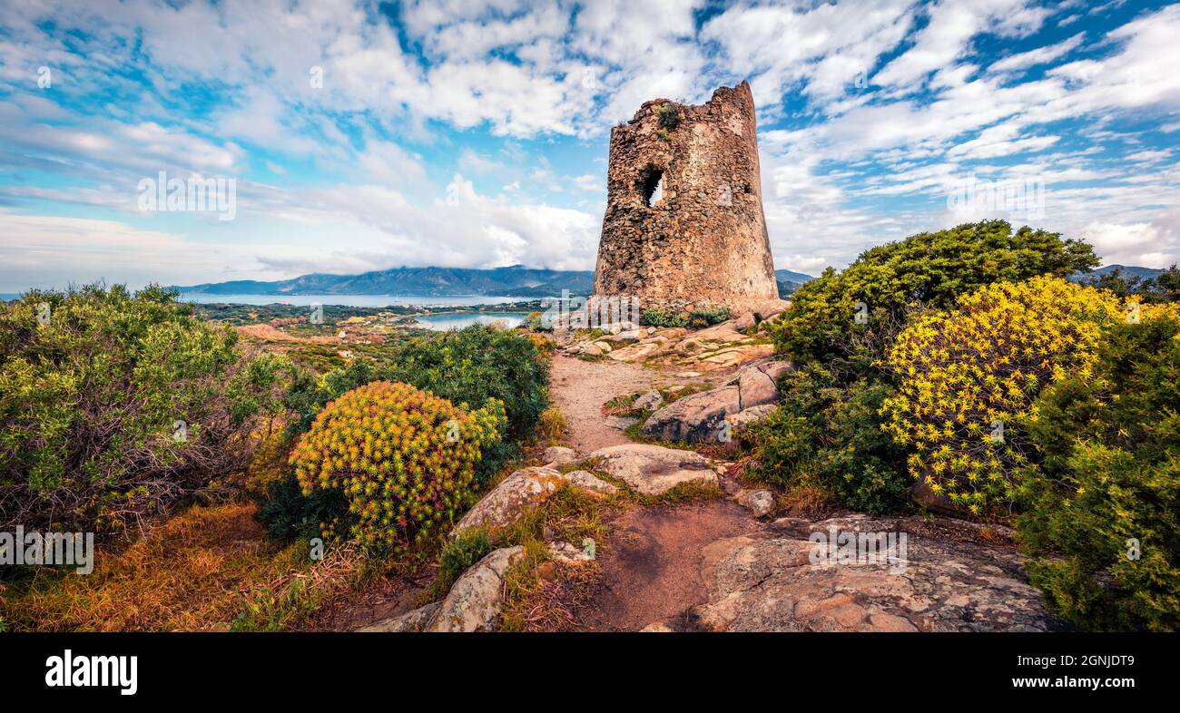 Herrliche Frühlingsszene des Turms Torre di Porto Giunco auf dem Kap Carbonara. Atemberaubende Aussicht auf Sardinien, Italien, Europa. Wunderschönes Mediterranea Stockfoto