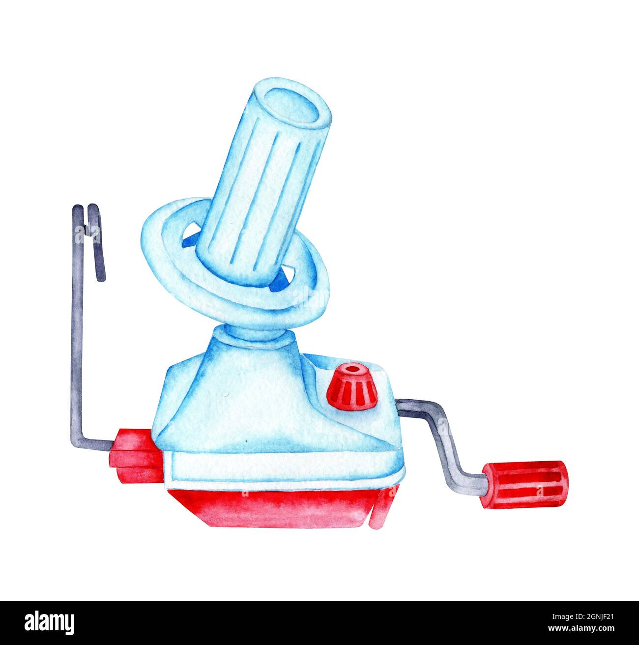 Aquarell-Illustration eines Handgarnwicklers. Maschine zum Wickeln von Wollfäden zu einer Kugel. Stricken, Handarbeiten, Handarbeit. Wickeln Sie die Fäden auf Stockfoto
