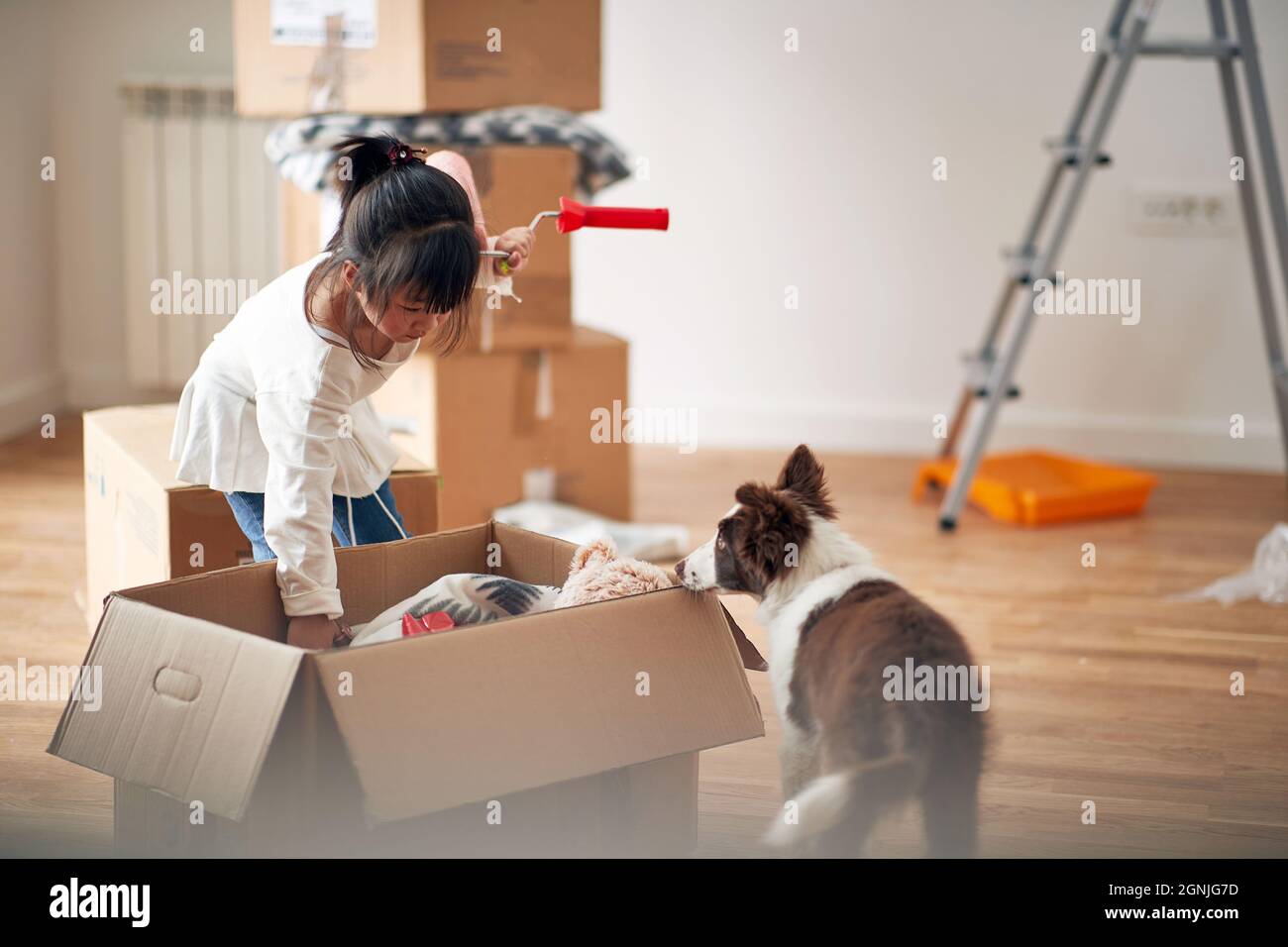 Ein kleines Mädchen mit Hund packt die Sachen in einer angenehmen Atmosphäre in dem neuen Zuhause aus, in dem ihre Familie gerade eingezogen ist. Zuhause, Familie, Umzug Stockfoto