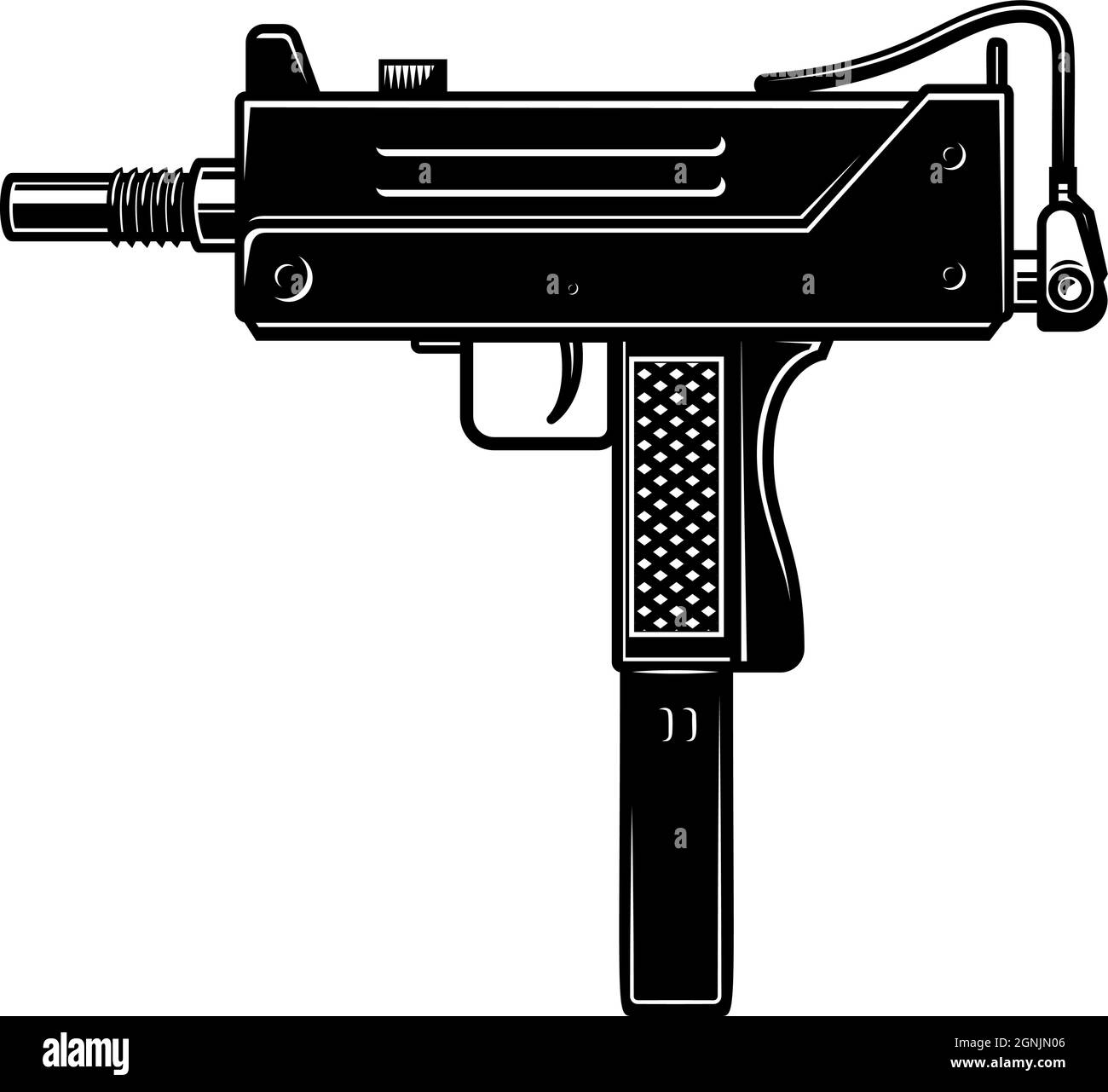 Illustration der automatischen Uzi-Pistole im monochromen Stil. Gestaltungselement für Logo, Etikett, Schild, Plakat. Vektorgrafik Stock Vektor