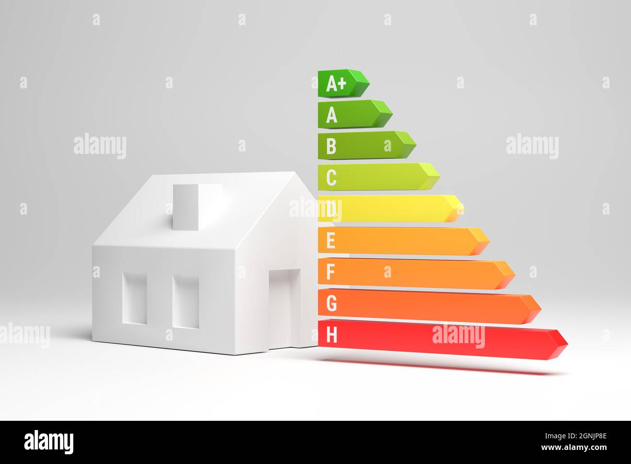 Energieetiketten für Häuser in Deutschland (Energieeffizienzklassen A+ bis H) Konzept. Ein Modellhaus neben den Energielabel-Pfeilen. Stockfoto