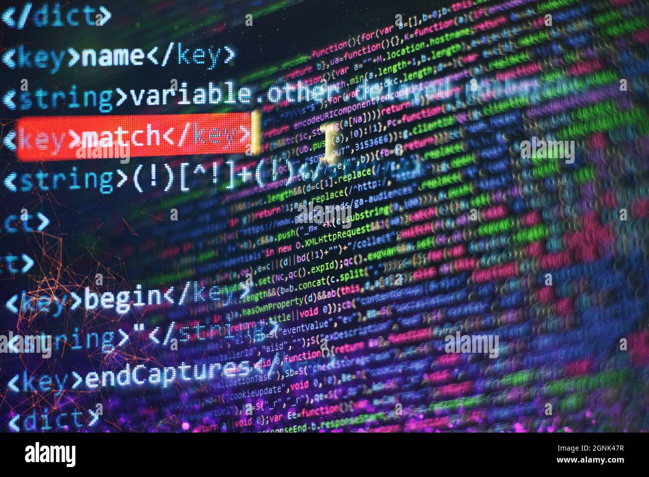 Website-Entwicklung. Analyse der Serverprotokolle. Nahaufnahme Entwicklung von Programmier- und Codierungstechnologien. Entwickler arbeiten an Websites Codes im Büro. Stockfoto