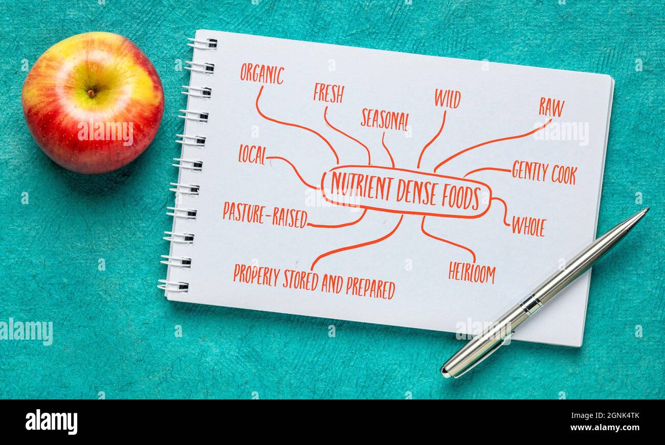 Attribute von nährstoffdichten Lebensmitteln Infografiken - Handschrift und Skizze in einer Spirale Notizbuch, gesunde Ernährung Konzept Stockfoto