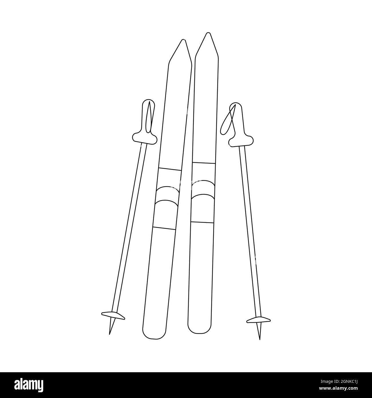 Ski für Lifestyle-Design im Doodle-Stil. Vektor-Cartoon-Illustration isoliert auf weißem Hintergrund. Line Art für Malbuch Stock Vektor