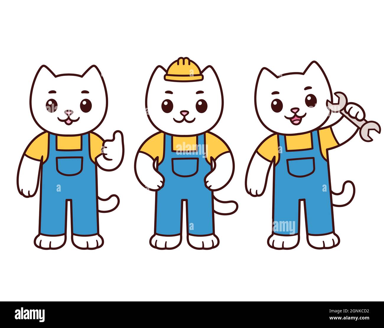 Niedliche Karikatur Bauarbeiter Katze Charakter-Set. Weißes Kitty-Maskottchen in Uniform mit Handyman-Werkzeugen. Vektorgrafik Clip Art Illustration. Stock Vektor