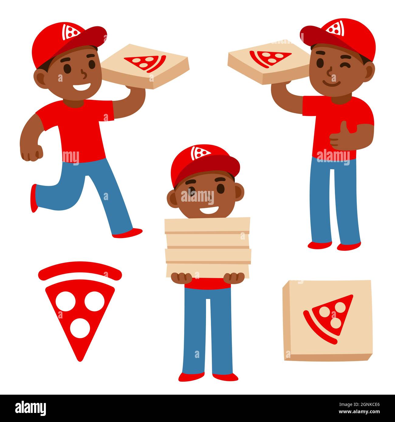 Cute Cartoon Black Pizza Lieferung Junge hält Pizza-Boxen mit Pizzeria-Logo. Einfache Darstellung flacher Vektorzeichen. Stock Vektor