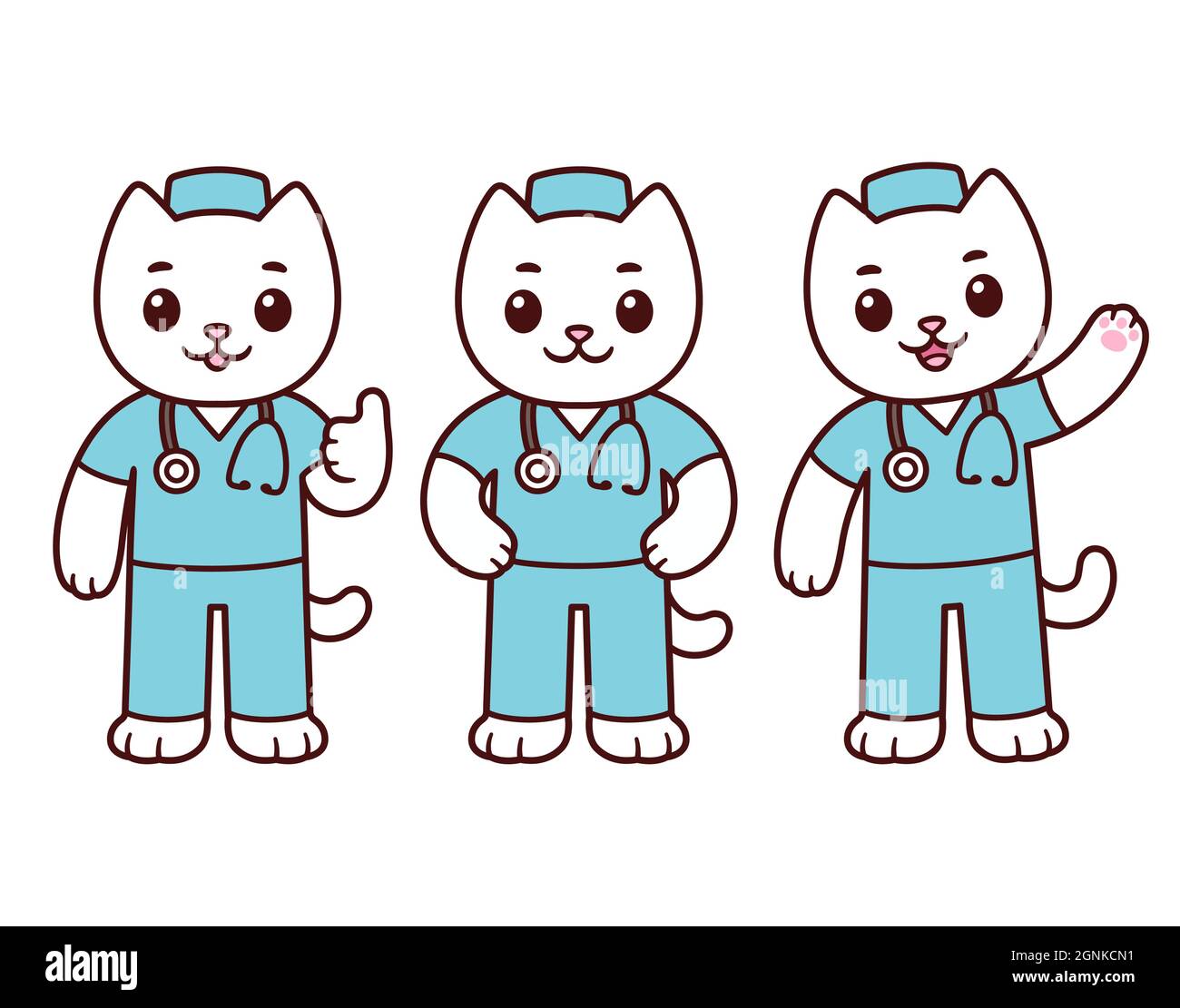 Niedliche Cartoon Krankenschwester oder Arzt Katze Charakter-Set. Weißes Kitty-Maskottchen in der Uniform des Gesundheitsarbeiters. Vektorgrafik Clip Art Illustration. Stock Vektor