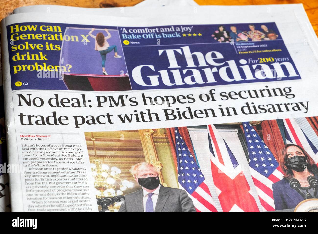 „kein Deal: Johnsons Hoffnungen, einen Handelspakt mit Biden in Unordnung zu bringen“, titelt die Zeitung Guardian AUSUK Titelseite Artikel 22. September 2021 Großbritannien Stockfoto