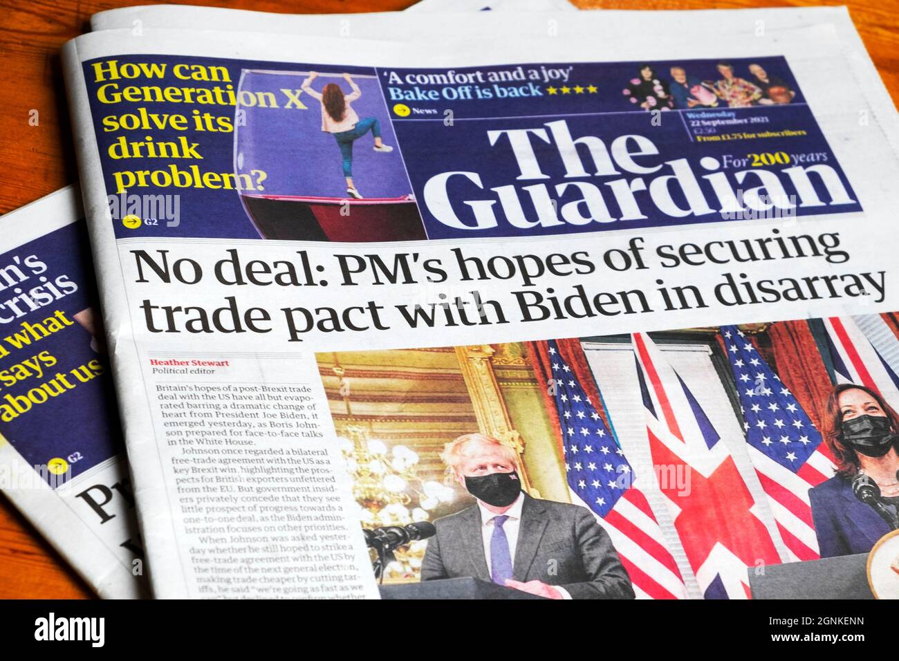 „kein Deal: Johnsons Hoffnungen, einen Handelspakt mit Biden in Unordnung zu bringen“, titelt die Zeitung Guardian AUSUK Titelseite Artikel 22. September 2021 Großbritannien Stockfoto