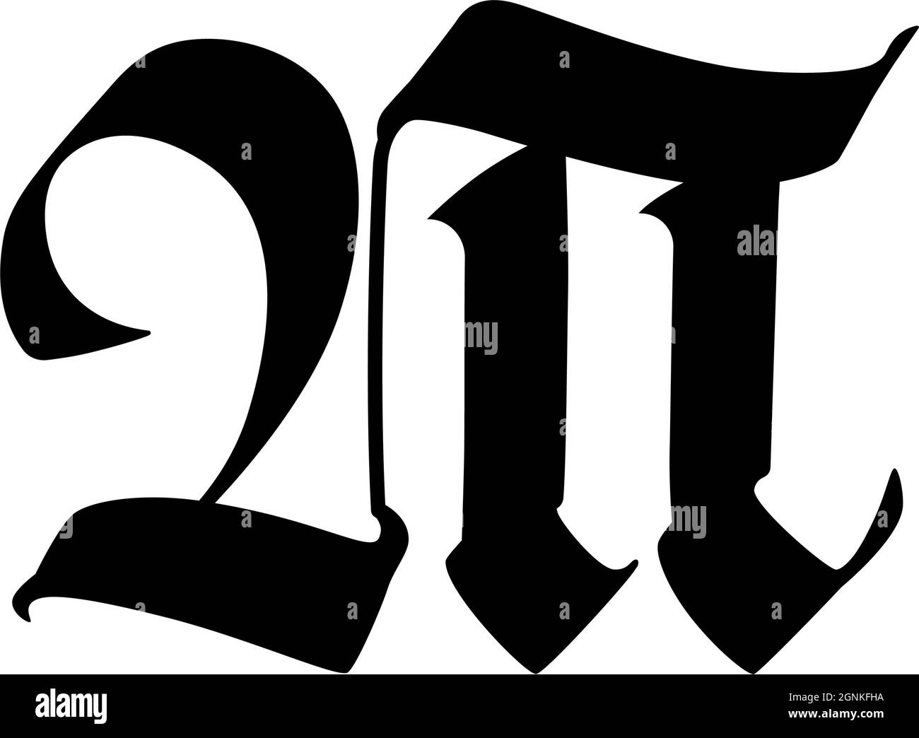 Der Buchstabe T im gotischen Stil. Vektor. Alphabet. Das Symbol ist auf weißem Hintergrund isoliert. Alte russische Kalligraphie. Mittelalterlicher russischer Brief. Lo Stock Vektor