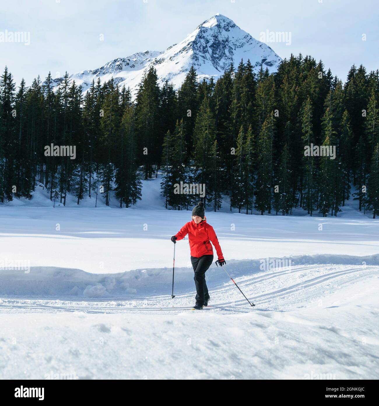 Skifahrerin, länderübergreifende Übung an einem sonnigen Wintertag Stockfoto