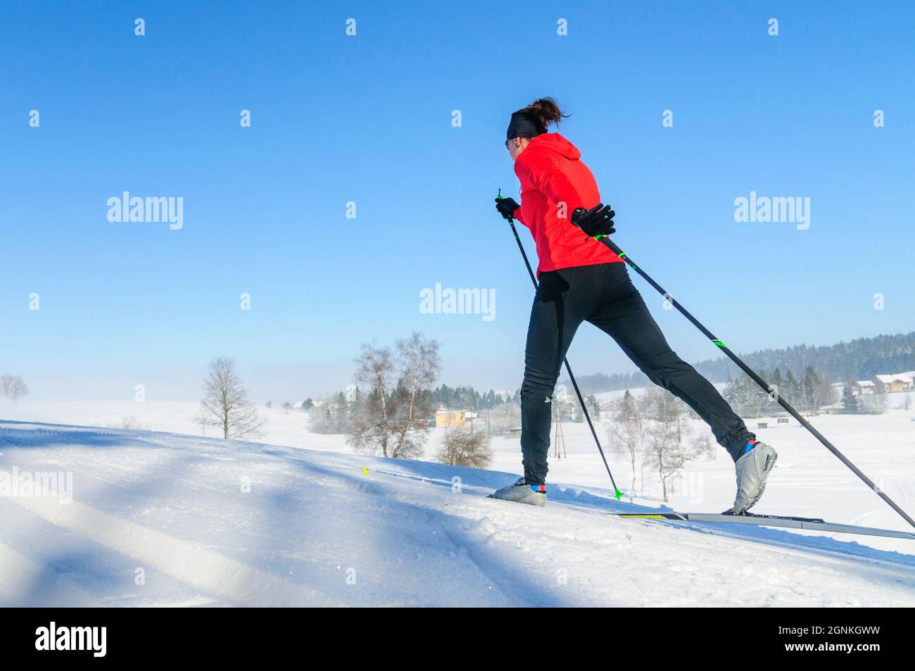 Langlaufen - junge Sportlerin in perfekter Diagonal Stil Stockfoto