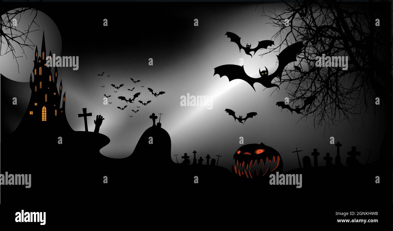 Halloween-Party-Banner, gruseliger dunkler Hintergrund, Silhouetten von Charakteren und gruselige Fledermäuse mit gotischem Spukschloss, Horror-Themenkonzept, gruseliger Kürbis Stock Vektor