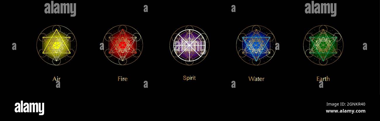 Fünf Elemente Symbole und Magic Spirit Symbol, Gold runde Symbole Set Vorlage. Luft, Feuer, Wasser, Erde vier Symbol. Piktogramm Alchemy-Zeichen isoliert Stock Vektor