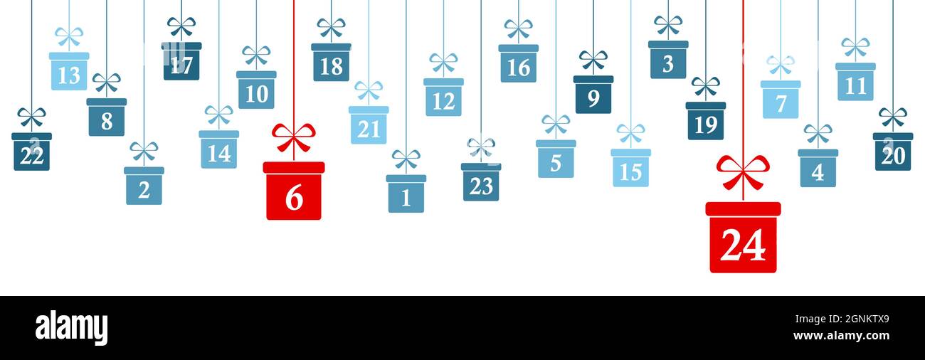 Hängende weihnachtsgeschenke blau mit den Zahlen 1 bis 24 gefärbt Zeigt Adventskalender für Weihnachten und Winterzeitkonzepte Panorama Stil Stock Vektor
