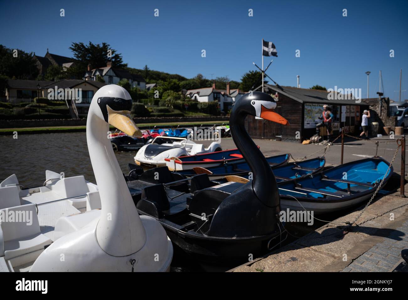 Schwanenförmige Tretboote, die an sonnigen Tagen im Hafen von Cornwall vor Anker liegen Stockfoto