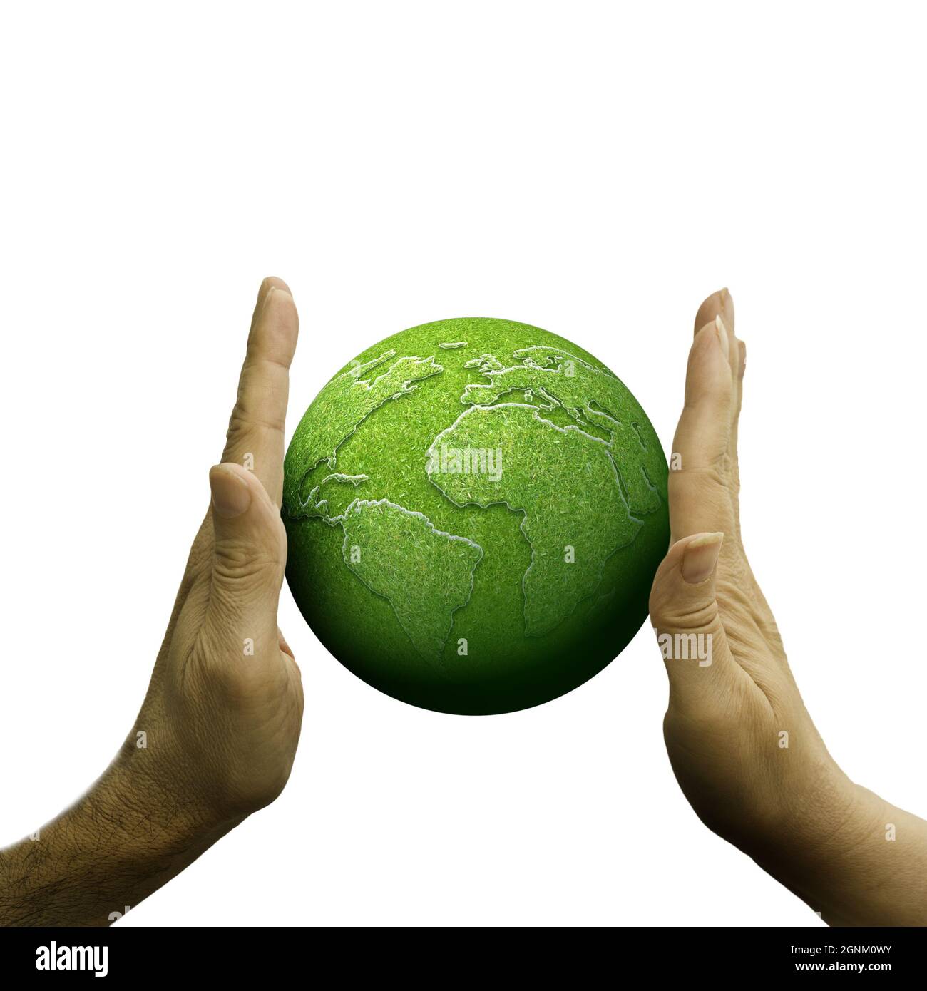 Männliche und weibliche Hand, die einen grünen Planeten Erde hält Stockfoto