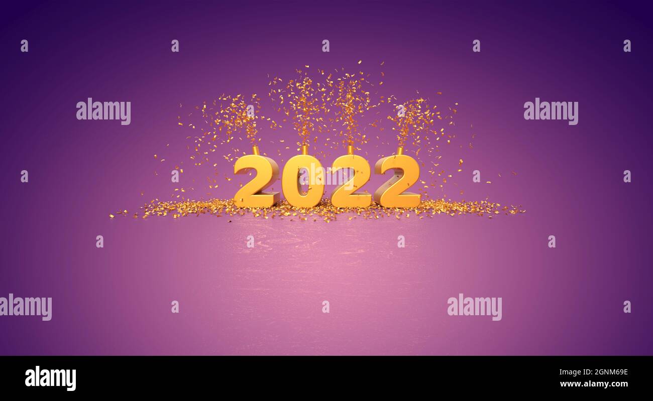 Grußkarte für das Jahr 2022 mit goldener Zahl und Partyfavoren auf violettem Hintergrund - 3D Rendering Stockfoto
