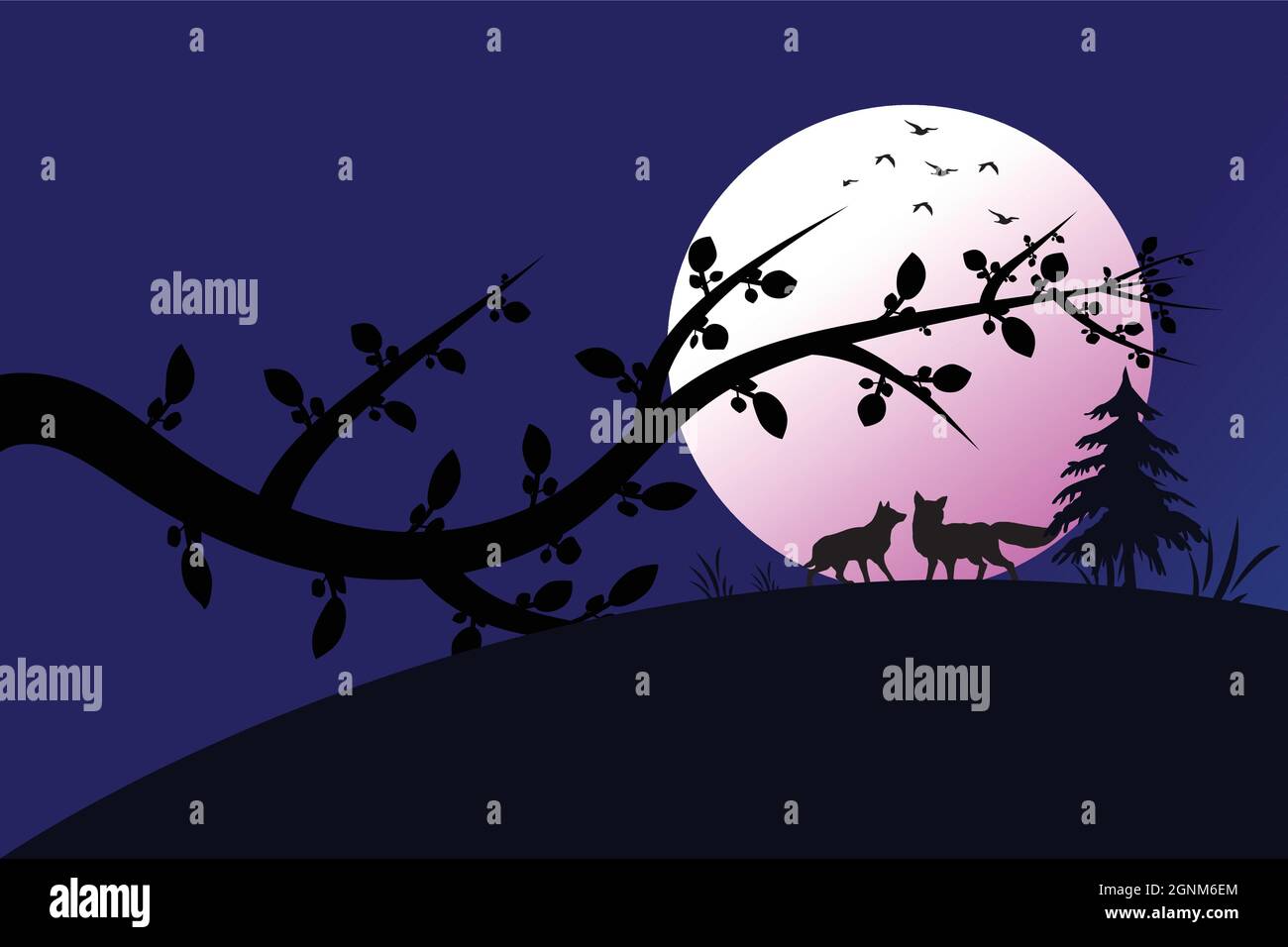 Landschaft Vektor-Design mit Fuchs und hübschen Mond alle gemischten Hintergrund. Baum Blatt auf dem Mond erstaunlich dunkle Nacht Hintergrund Vektor. Stock Vektor