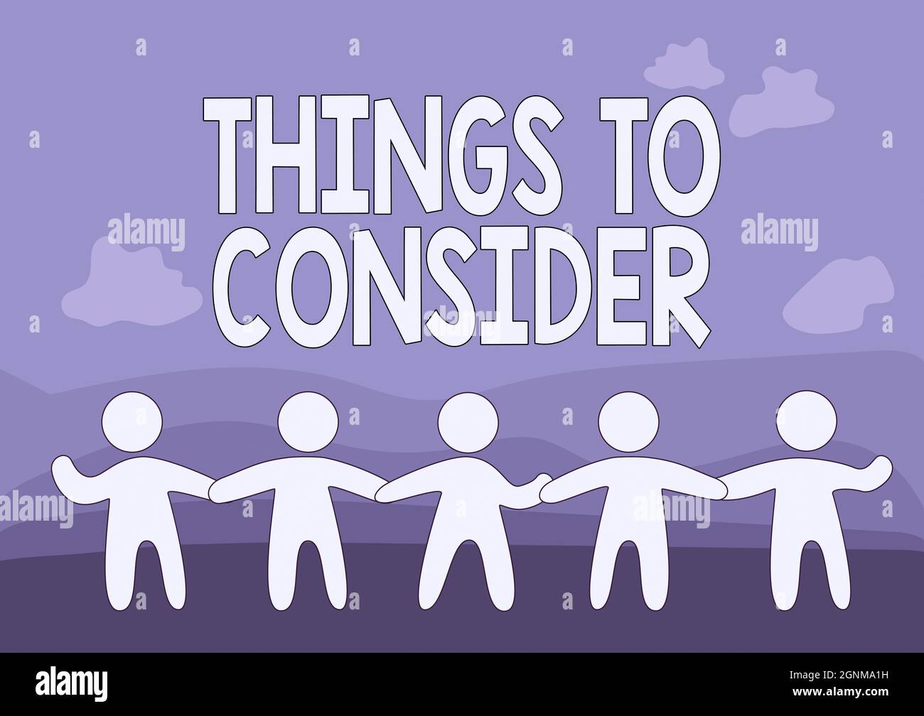 Hand schreiben Zeichen Dinge zu beachten. Konzept Bedeutung Denken Sie sorgfältig über etwas nach, um die Entscheidung zu treffen fünf stehende Personen Zeichnung Holding Stockfoto