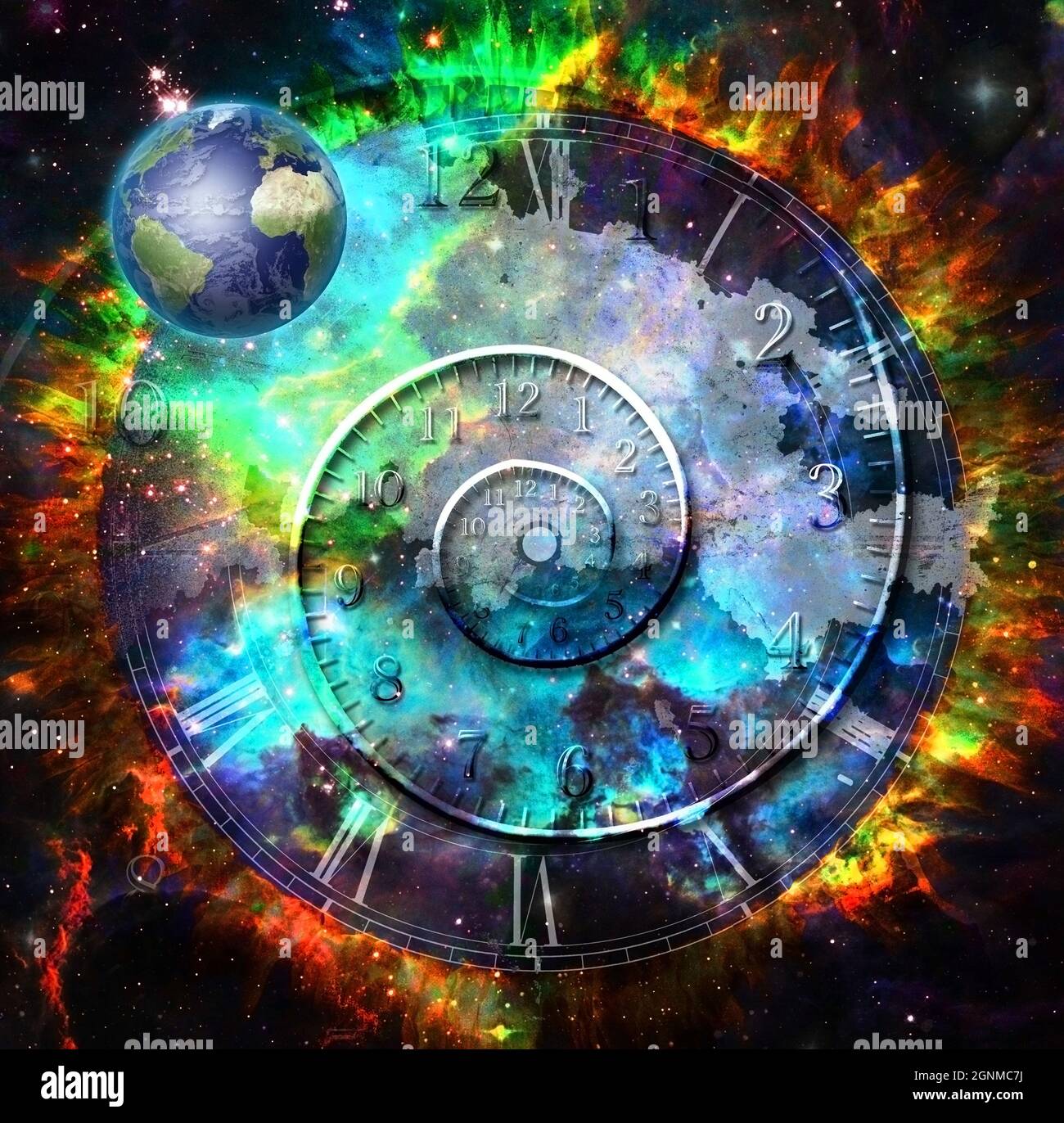 Planet Erde im Fantasy-Raum mit Zeitspirale. 3D-Rendering Stockfoto