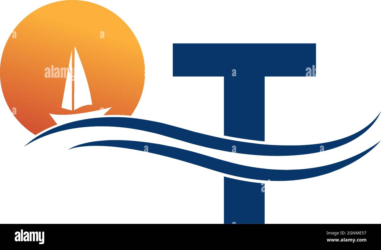 T-Logo mit Symbolvorlage für Ozeanlandschaft Stock Vektor